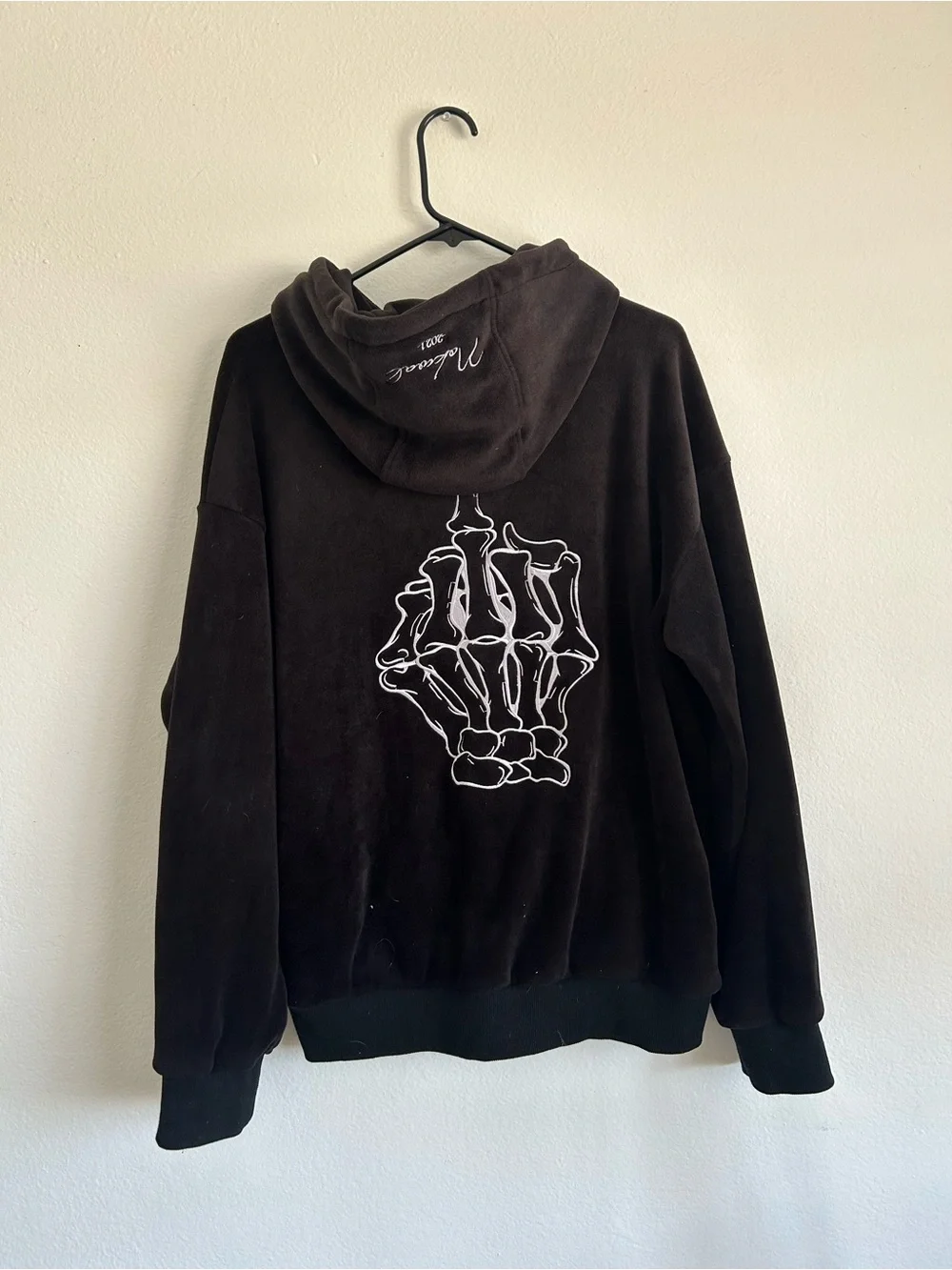 Nokwal Black velour Hoodie with Skeleton hand Embroidered Logo